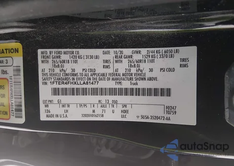 2020 Ford Ranger Xlt z USA, uszkodzony, nr VIN 1FTER4FHXLLA81477